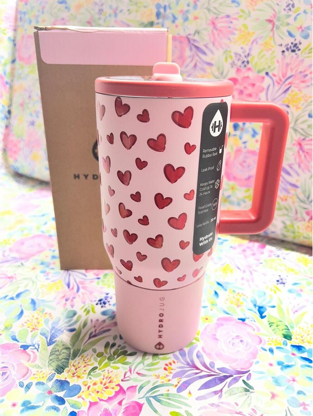 Hydrojug Traveler XOXO 20oz Pink w/Red Hearts (sold out design) - New in Box